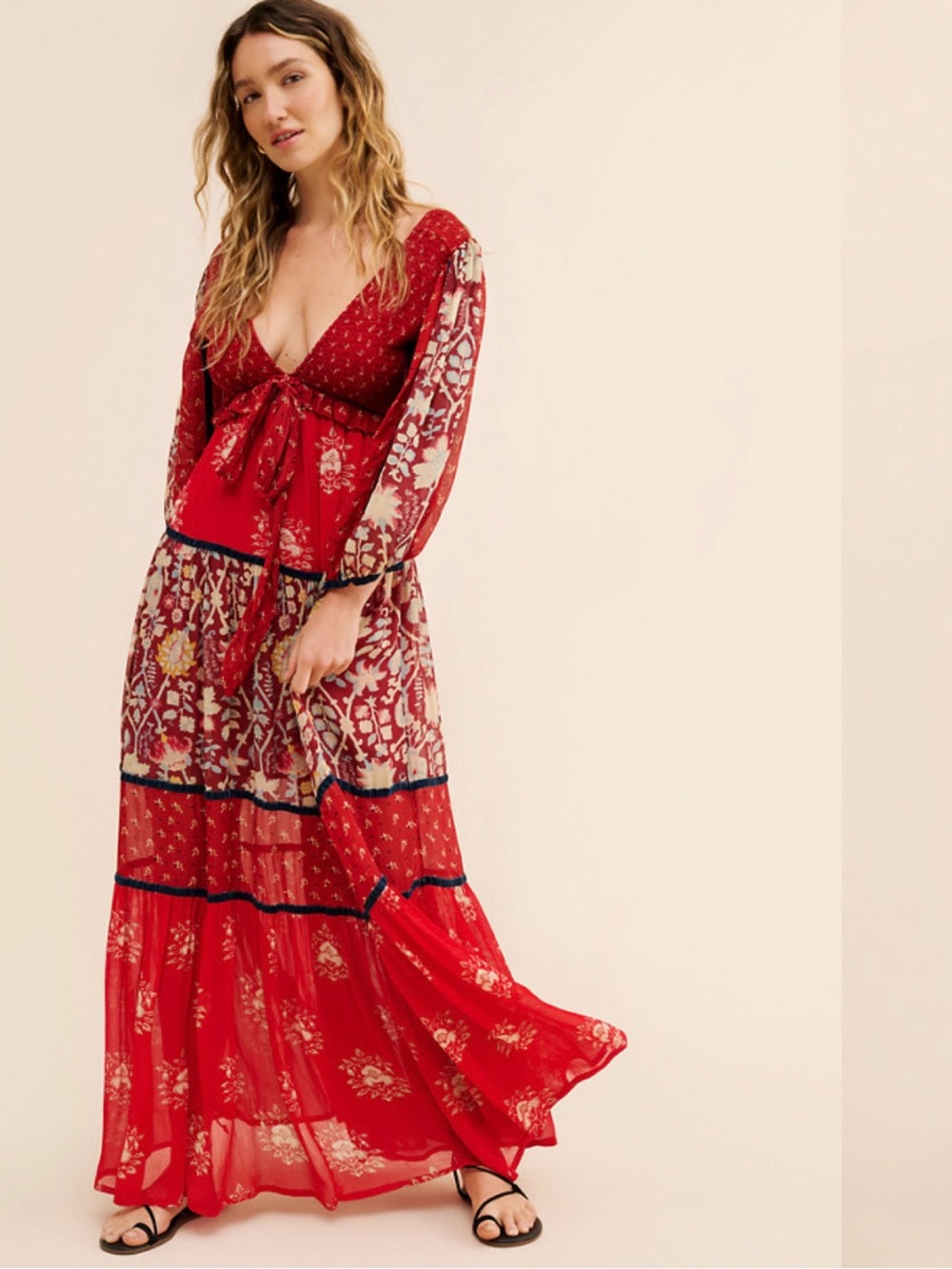Free People Red Floral Patchwork Tie Front Bali Laurel Maxi Dress Size Medium